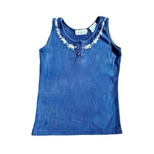Vintage 1990s Together! Navy Blue Tank Top Floral Embroidery Cotton Medium